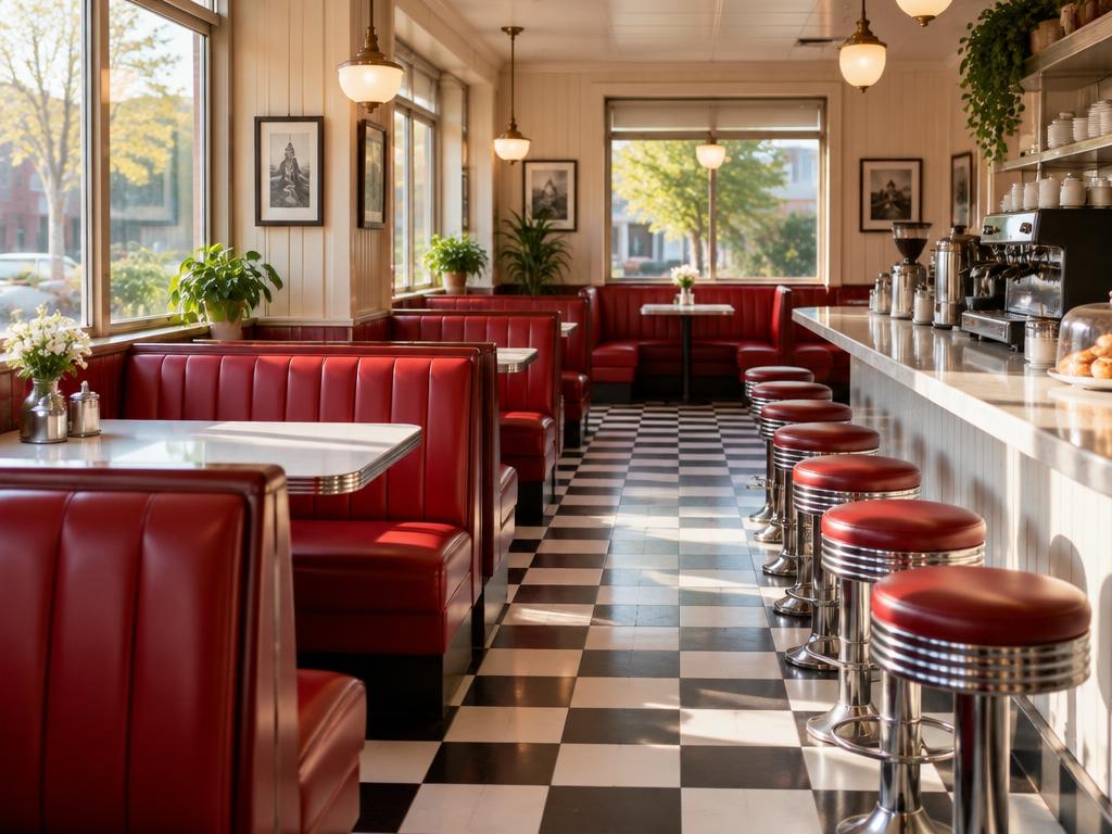 Illustrative classic diner with red booths and a sunny counter